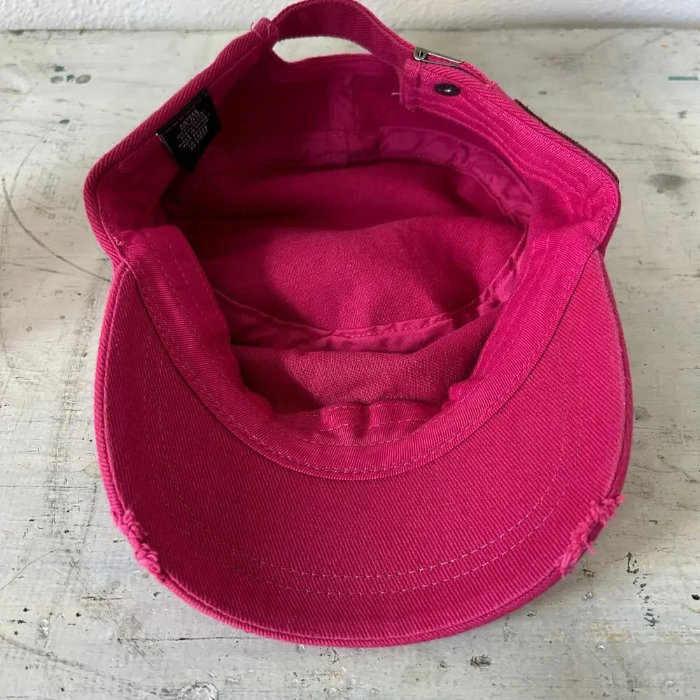 Vintage Y2K Pink Distressed Military Cadet Hat Flocked Graphic Biker Cap grunge - Picture 11 of 11